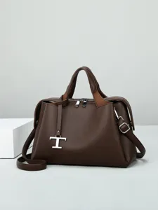 Dunkelbraune Leder-Tragetasche für Damen, stilvolle Handtasche mit Narbenleder und Riemen.