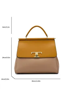 Elegant two-tone leather top-handle handbag with metal clasp, large capacity commuter tote bag