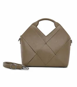 Khaki woven top handle handbag detail showing premium leather texture and sturdy metallic hardware.