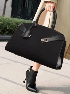 Elegante bolso de mano de ante negro para mujer, bolso elegante con cierre de metal.