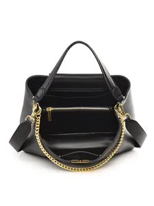 Classic black leather tote handbag with gold chain strap, luxury style daily shoulder bag.