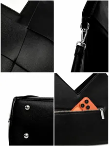 Black woven tote bag for women, PU leather shoulder bag with top handle and zip pocket.