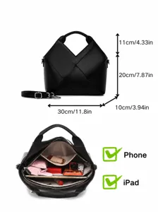 Black woven tote bag large capacity commuting handbag with adjustable shoulder strap