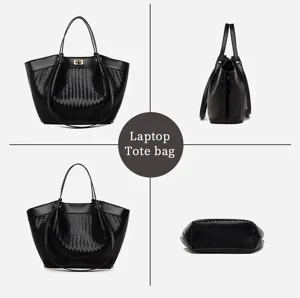 Bolso tote para laptop de cuero tejido negro vista detallada, muestra angulos funcionales.
