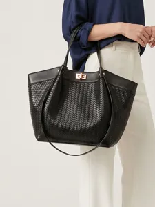 Borsa shopper nera in pelle intrecciata da donna, elegante borsa da lavoro con chiusura.