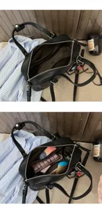 Classic black leather handbag for women, large capacity casual tote bag with top handles.