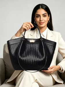 Bolso Tote Trenzado de Cuero PU Minimalista de Estilo Francés Elegante Cierre de Bloqueo Doble Asa Gran Capacidad Bolso de Mano para Mujer