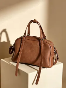 Brown retro soft leather handbag, versatile casual top-handle shoulder bag for women daily use.