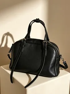 Black leather handbag for women, chic top handle crossbody bag, casual large capacity daily tote.