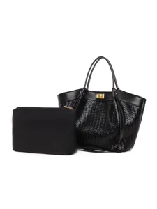 Elegante bolso shopper trenzado negro para mujer, gran bolso de hombro con bolsita.