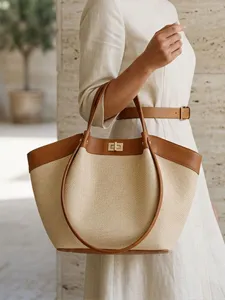 Borsa Tote di Lusso in Stile Francese per Donna a Contrasto in Pelle PU Intrecciata di Grande Capacità Borsa a Mano Pendolare Con Chiusura in Metallo