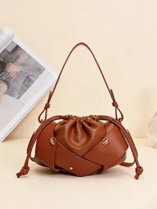 Woven leather shoulder bag for women, stylish brown cloud crossbody bag with chic knots.