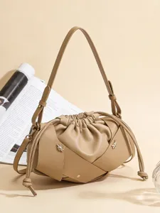 Beige woven cloud shoulder bag for women, stylish PU leather crossbody bag with drawstring.
