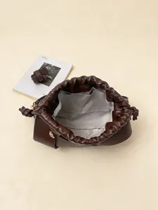 Brown PU leather drawstring shoulder bag cloud bag casual crossbody bag for women daily use