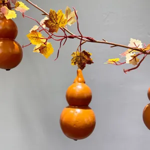 Artificial gourd vine hanging decoration detail view, autumn maple leaves closeup display.