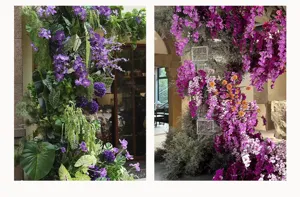 Détails d'arrangement floral d'orchidées violettes artificielles pour mariage et maison.