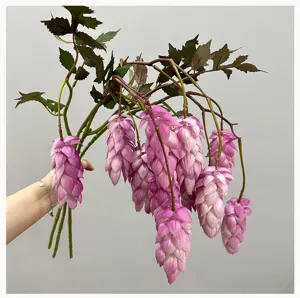 Artificial hop flowers pink hanging botanical branch soft rubber floral decor detail view