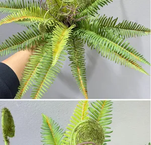 Artificial fern plant detail view, realistic green foliage and moss fiddlehead for decor.