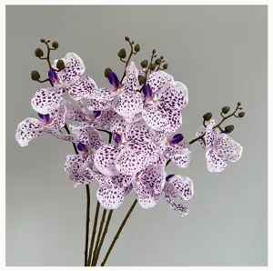 Gros plan de fleur d'orchidée artificielle blanche avec des taches violettes pour la déco.