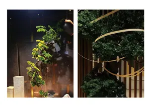 Λεπτομερής κοντινή άποψη από τεχνητό bonsai κέδρου και κλαδιά πεύκου για διακόσμηση.