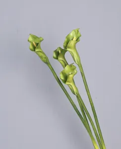 Close-up detail of artificial green calla lily flower, soft PU material, realistic floral decor.