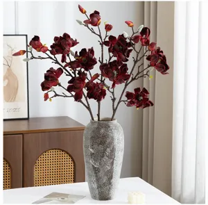 Artificial magnolia branch dark red silk flowers with ceramic vase home decor floral arrangement