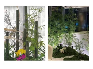 Artificial bamboo detail and floral arrangement scene displaying fake plant branches and greenery.