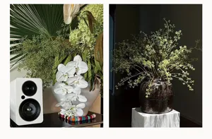 Artificial berry branch floral arrangement detail view for home interior decor and styling.
