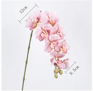 Artificial Phalaenopsis orchid flower stem, 9 heads pink silk floral home decoration detail.