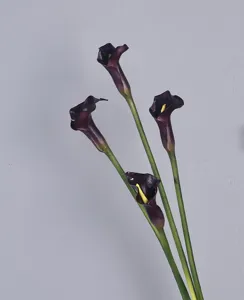 Artificial dark purple calla lily flower detail, realistic PU texture, long green stem decor.