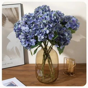 Artificial hydrangea bouquet in glass vase faux floral home decor table centerpiece