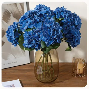 Artificial blue hydrangea flowers in glass vase, 3d large branch fake floral home decor.