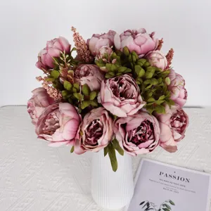 Bouquet de Pivoines Artificielles avec Vase Blanc pour Décoration de Maison Bureau