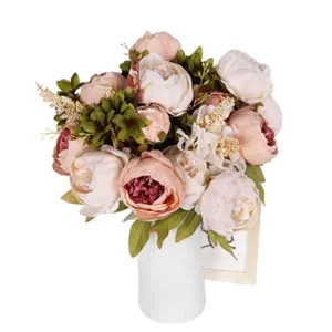 Bouquet de pivoines artificielles avec vase blanc, 13 têtes fausses fleurs déco.
