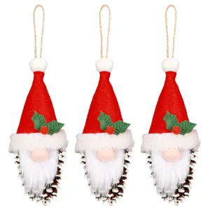 Set di tre ornamenti natalizi a forma di gnomo con corpo di pigna e cappello rosso per decoro