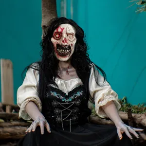 Halloween scary zombie ghost mask with long black hair bloody horror creepy party props.