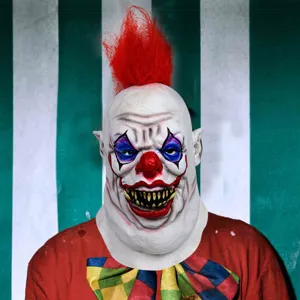 Scary Halloween clown latex mask with red hair and scary teeth for party cosplay costumes.