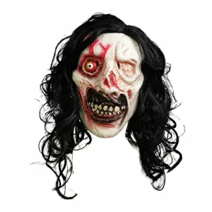 Halloween scary bloody zombie mask with long black hair creepy cosplay costume prop