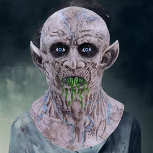 Scary Halloween latex mask creepy demon vampire cosplay party prop with fangs and green drool.