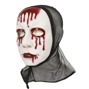 Halloween horror ghost face mask with black mesh hood and bloody design for party cosplay.