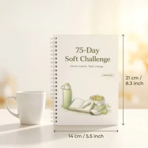 Agenda 75-Day Soft Challenge vista dettagliata con dimensioni e rilegatura a spirale.