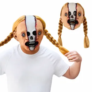 Halloween Horror Girl Mask Split Face Skull Long Blonde Hair Cosplay Party Prop Creepy Latex Costume Mask