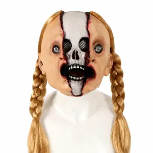 Halloween scary split face skull mask with blonde double braids creepy cosplay party prop