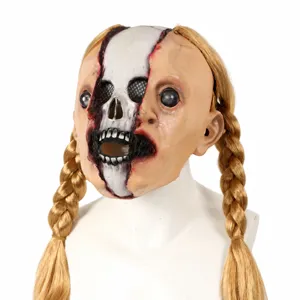 Halloween creepy split face skull mask blonde pigtails scary cosplay party horror prop