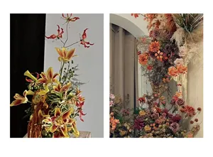 Détail arrangement floral lys gloriosa artificiel, fleurs flamme rouge réalistes déco maison.