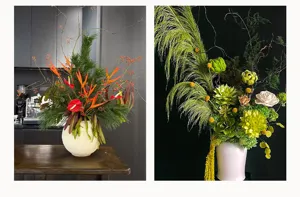 Large artificial floral arrangement with ceramic vase for home wedding party decoration.