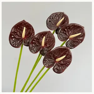 Close-up detail of artificial dark red anthurium flowers with realistic green stems.