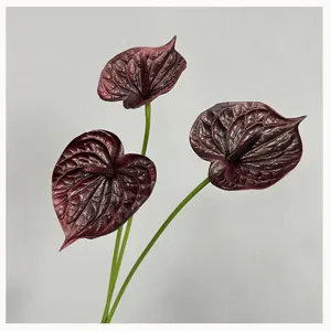 Artificial Anthurium flower detail, realistic PU texture, dark red floral wedding decor branch