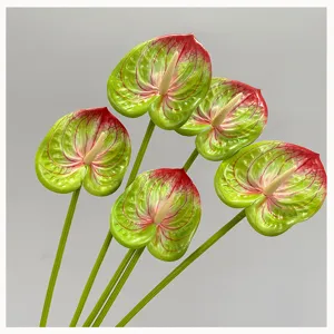 Detail shot of large artificial anthurium flower with green red gradient spathe for wedding decoration.
