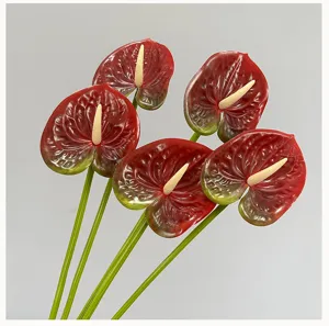 Detailed close-up shot of artificial red anthurium flower with vibrant heart-shaped spathe.